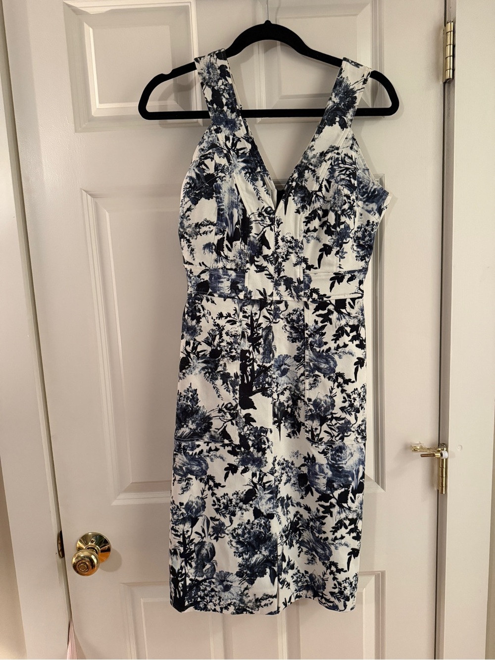 ERDEM White and White Denim with Blue Floral V-Neck Dress